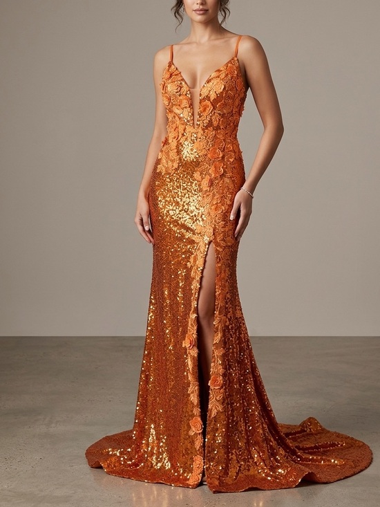 Hebeos Dresses & Skirts - Hebeos orange sequin floral mesh maxi open back prom high slit dress